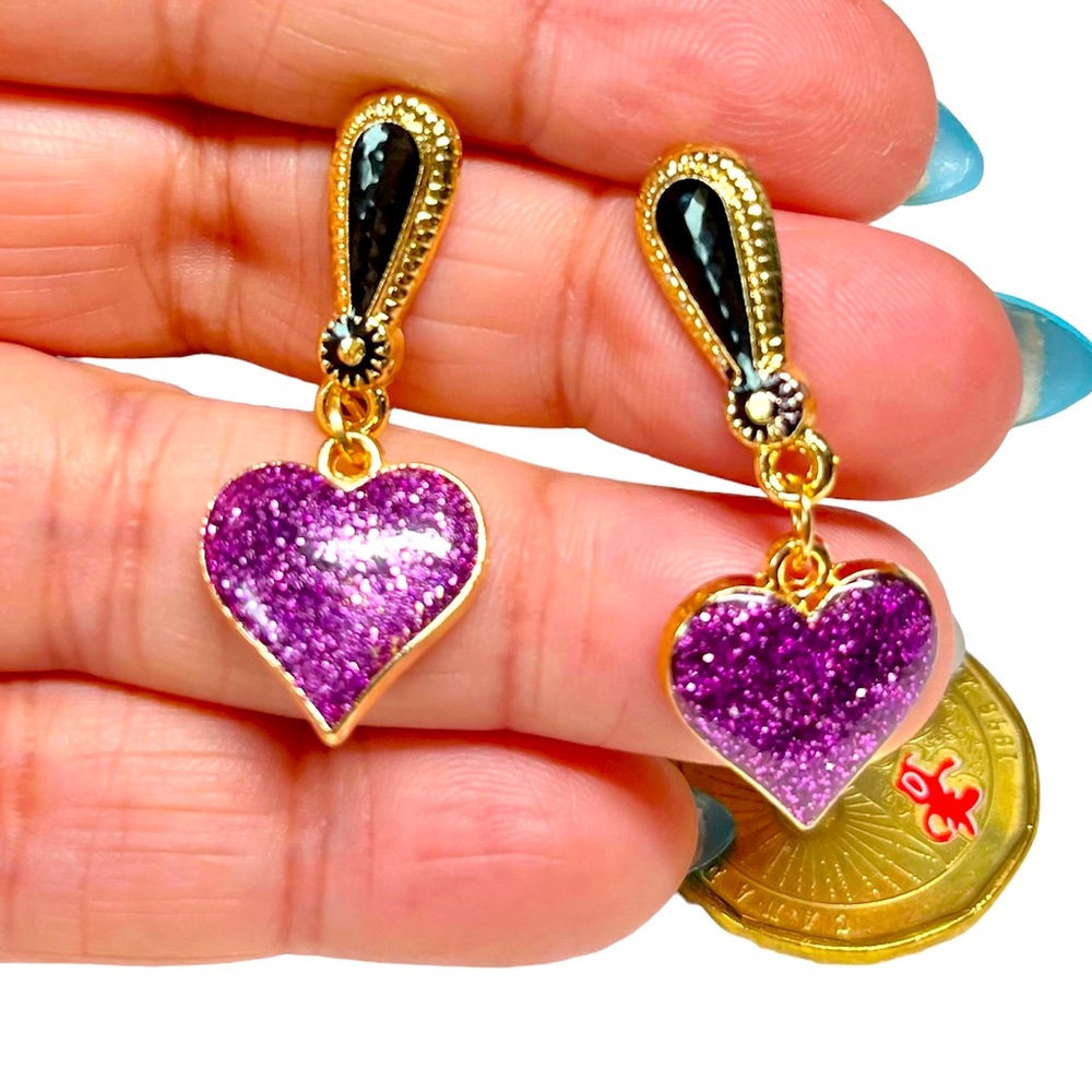 Cute gold and purple heart Betsey style charm earrings-glitter